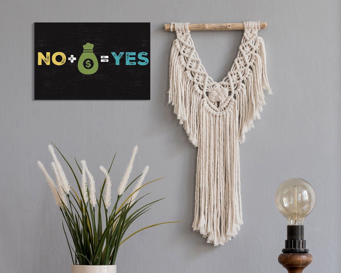 Laugh at Life's Realities: 7.5x5in Wooden Wall Decor Sign - "No Plus Money Equals Yes" - Humorous Art for Home & Office Spaces, Great Gift