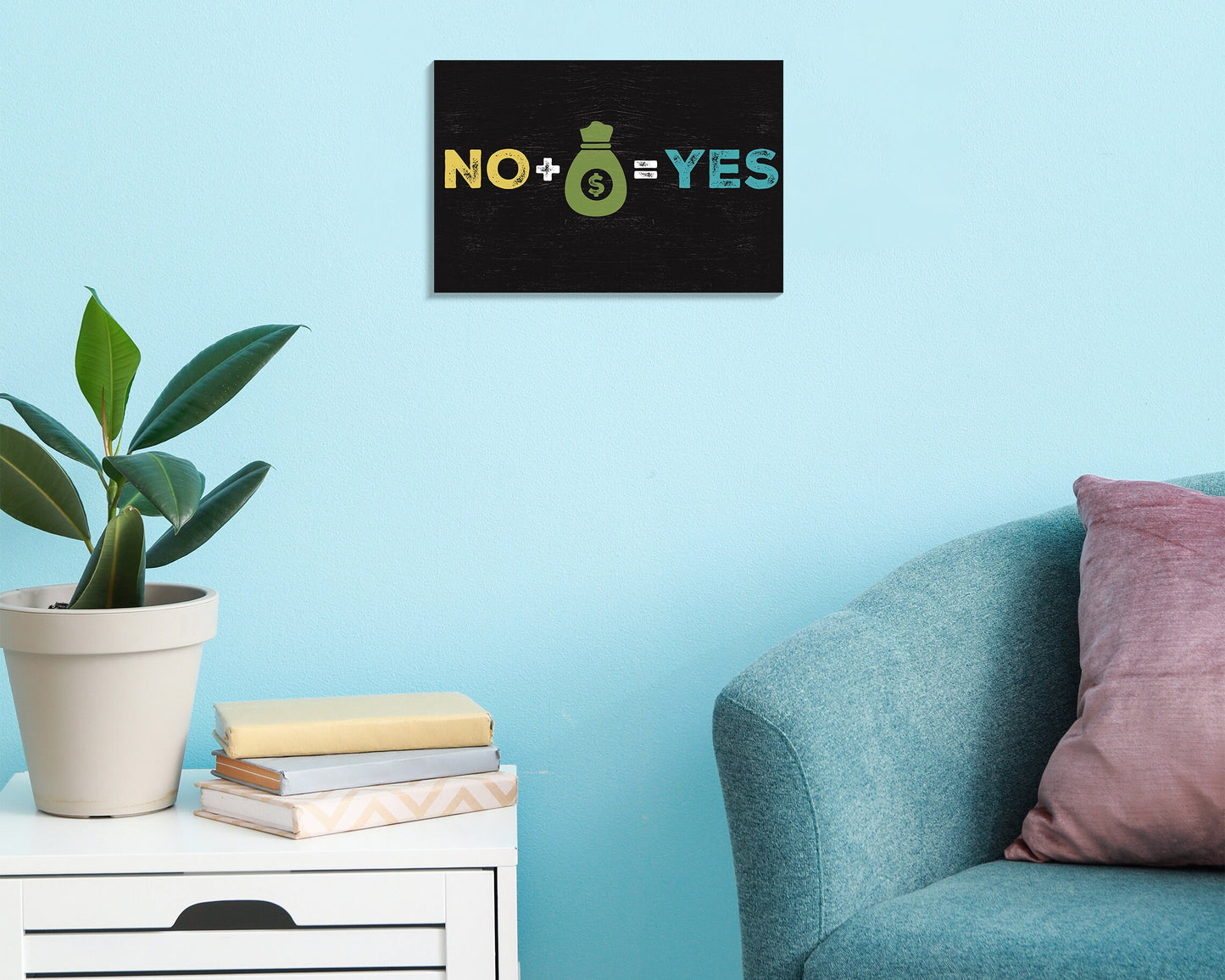 Laugh at Life's Realities: 7.5x5in Wooden Wall Decor Sign - "No Plus Money Equals Yes" - Humorous Art for Home & Office Spaces, Great Gift