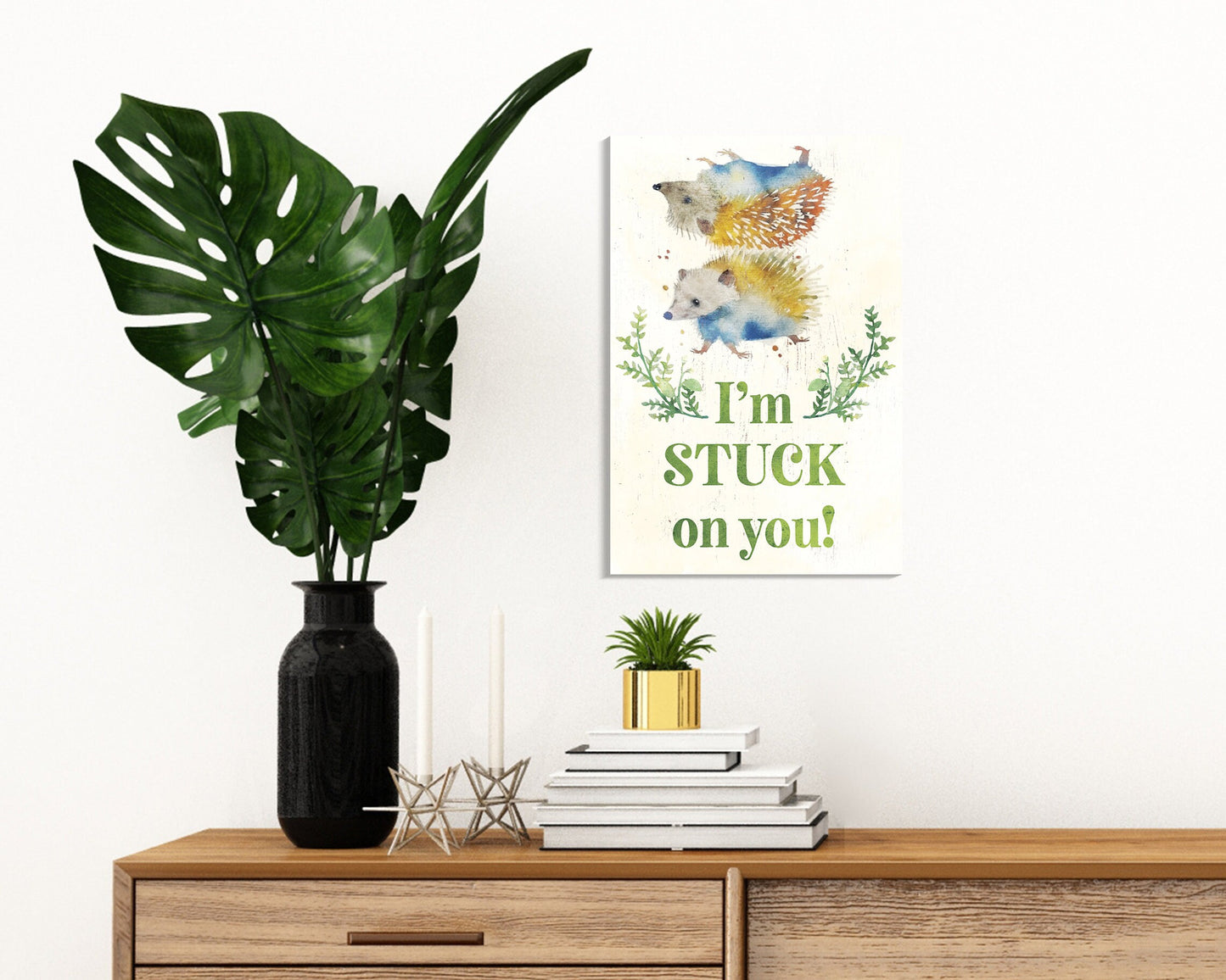 I'm Stuck On You with Hedgehogs - 7.5in x 5in Wooden Wall Decor Sign - Cute & Humorous Sign for Home and Office, Great Gift Idea
