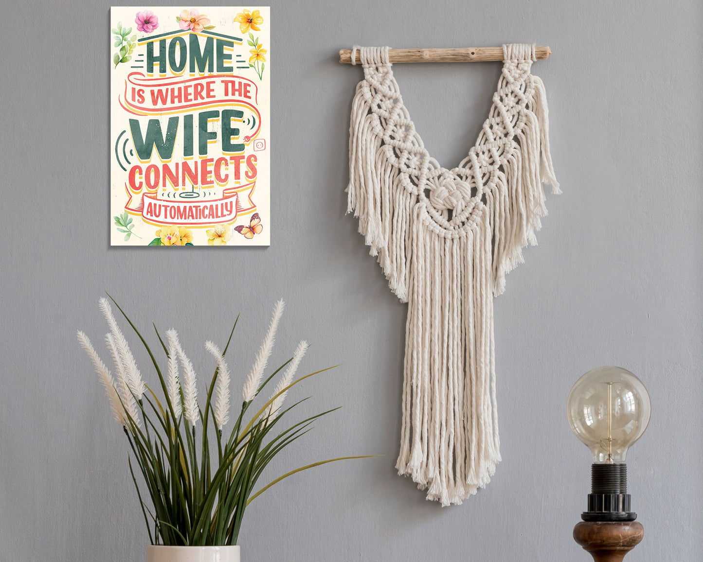 Home is Where the Wife Connects Automatically - 7.5in x 5in Humor Wooden Wall Decor Sign - Perfect for Home & Office, Great Gift for Couples