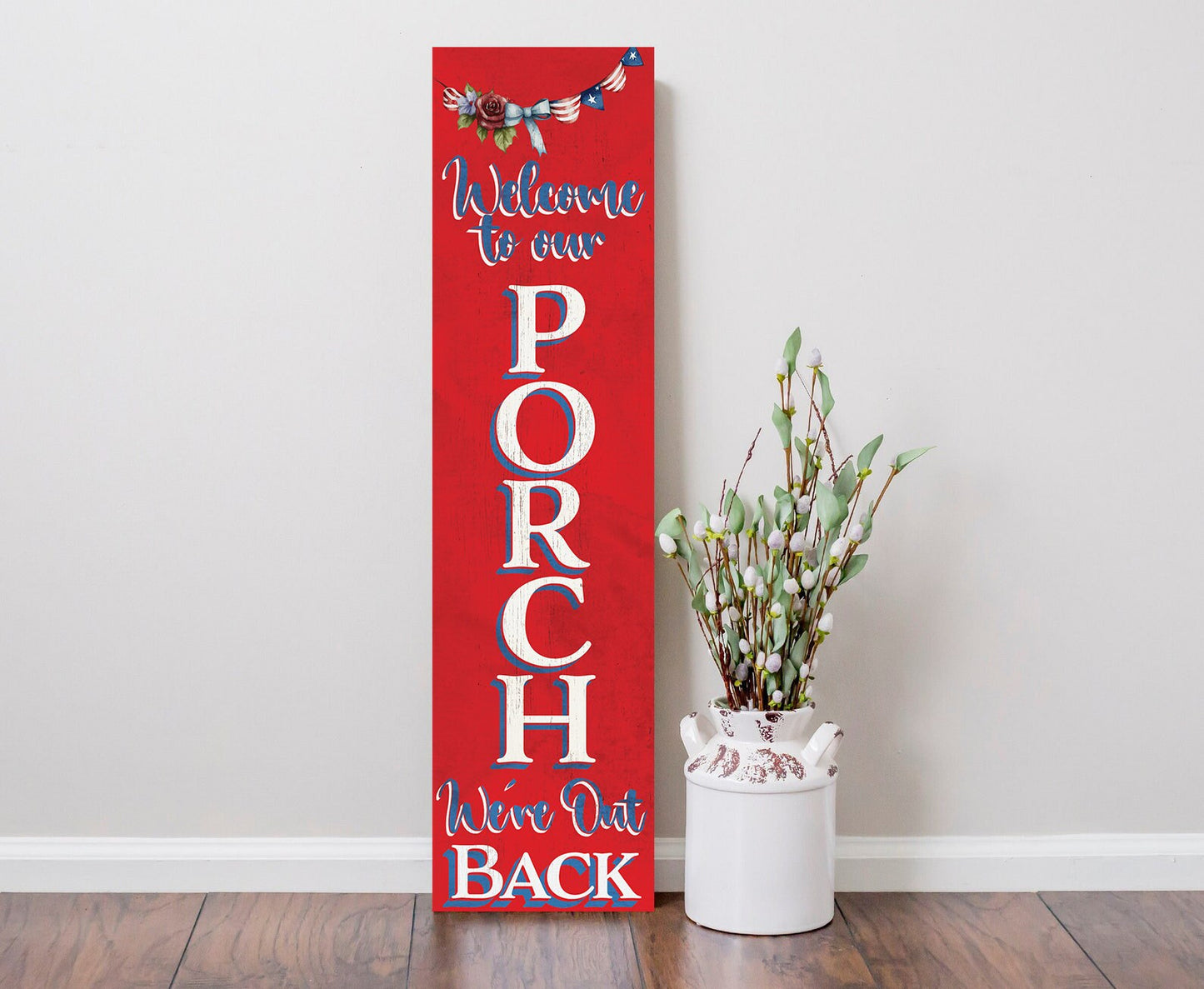 36in Celebrate the 4th of July with Our 'Welcome to Our Porch, We're Out Back' Wooden Sign - 36in | Perfect for Outdoor Parties
