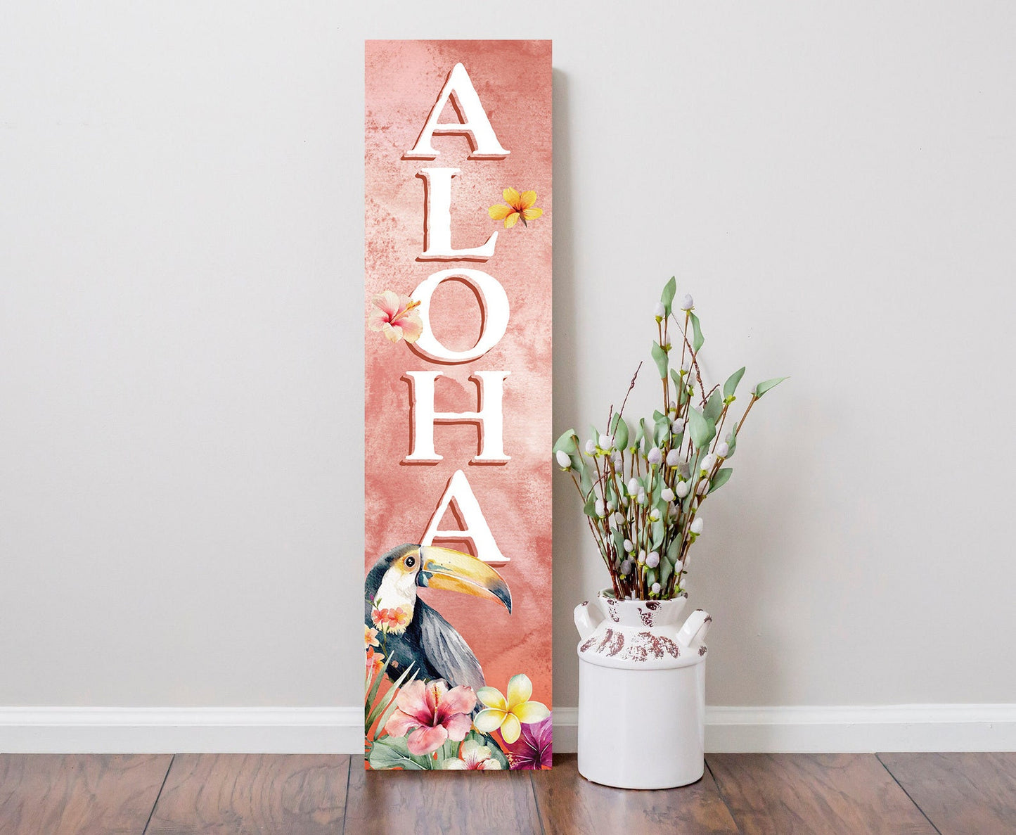 36in Aloha Porch Sign with Ramphastidae Pattern for Front Door, Tropical Summer Wall Decor, Outdoor Summer Jungle Vibes Display