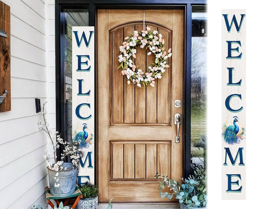 72in Wooden Welcome Porch Sign with Watercolor Peacock Pattern - Elegant Outdoor Decoration