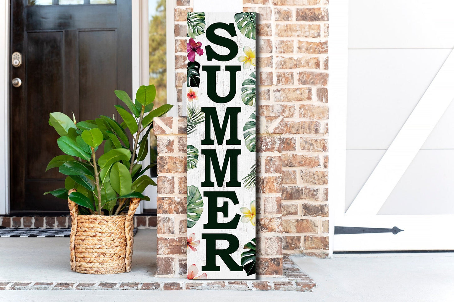 36in Tropical Summer Porch Sign with Palm Leaf Pattern for Front Door, Wooden 36-inch Beach-Themed Entryway Decor