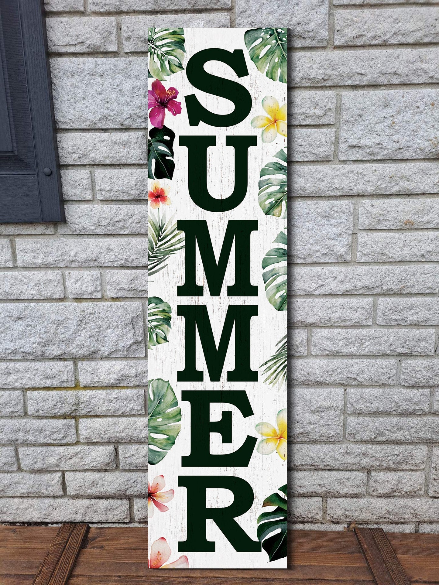 36in Tropical Summer Porch Sign with Palm Leaf Pattern for Front Door, Wooden 36-inch Beach-Themed Entryway Decor