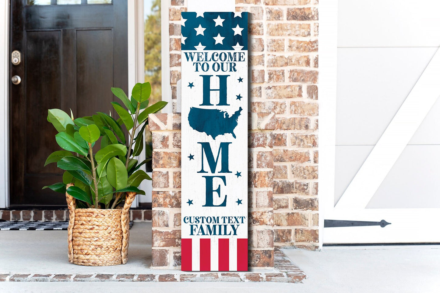 36in Wooden 4th of July "Welcome to Our Home" Personalized Text Porch Sign - Personalized Patriotic Front Door Decor for Independence Day