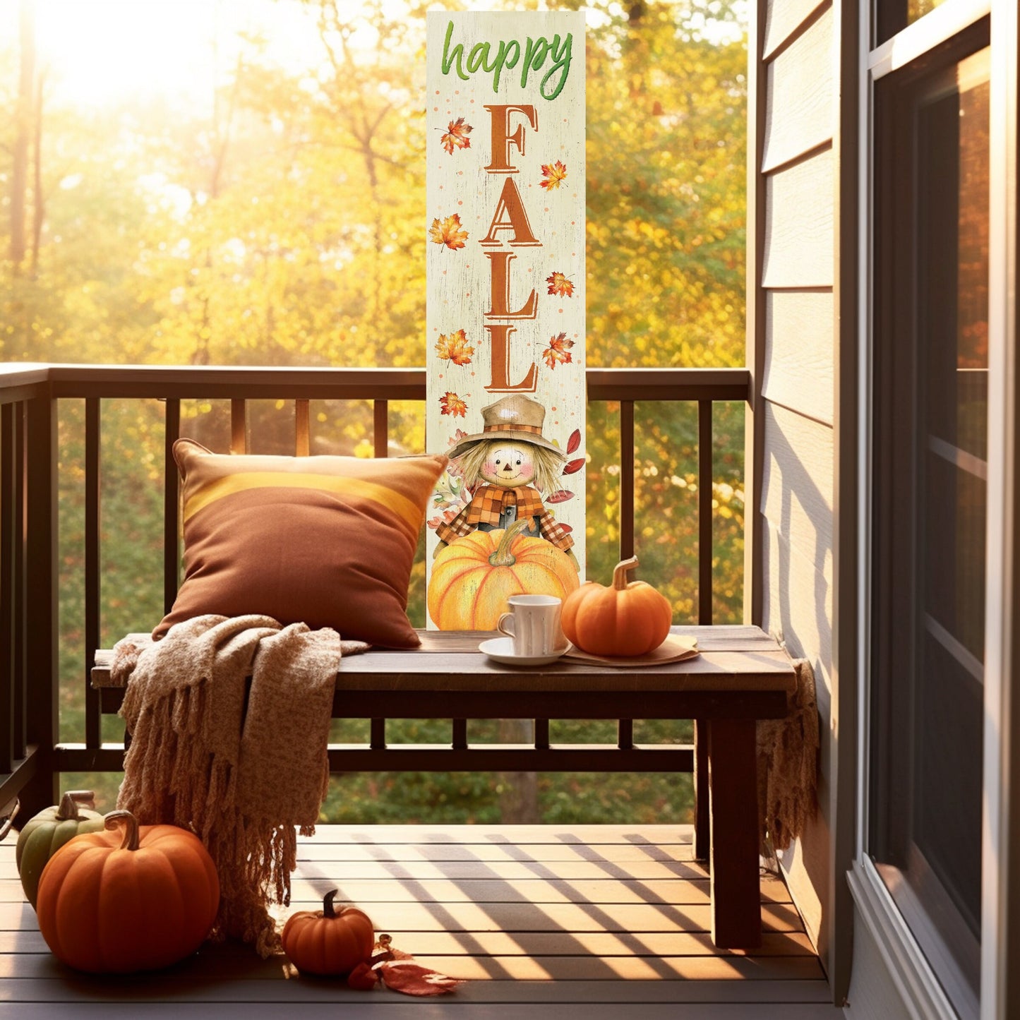 Welcome Autumn: 36in 'Happy Fall' Wooden Porch Sign with Unique Scarecrow Design - Perfect Seasonal Decor for Your Front Door or Porch!