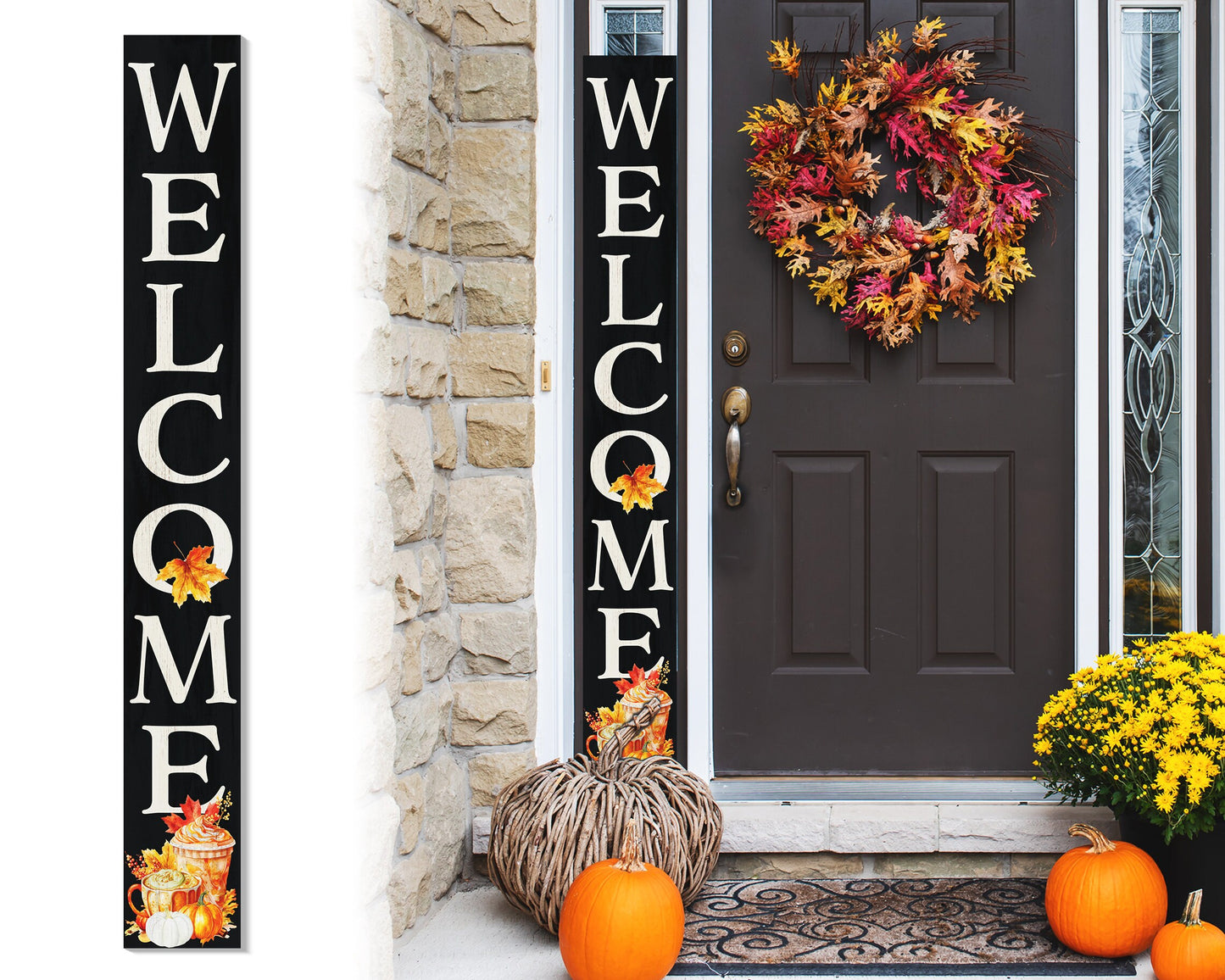 72in "Welcome" Fall Porch Sign with Fall Drink Design - Tall Porch Board Decor for Front Door during Autumn and Thanksgiving Celebrations