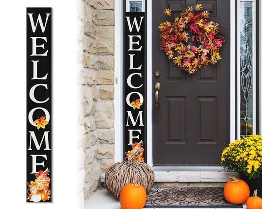72in "Welcome" Fall Porch Sign with Fall Drink Design - Tall Porch Board Decor for Front Door during Autumn and Thanksgiving Celebrations