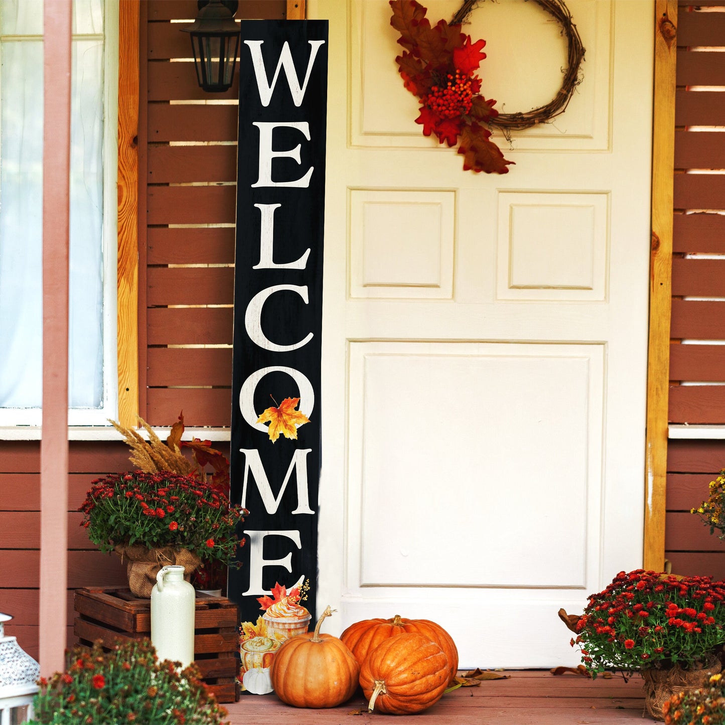 72in "Welcome" Fall Porch Sign with Fall Drink Design - Tall Porch Board Decor for Front Door during Autumn and Thanksgiving Celebrations