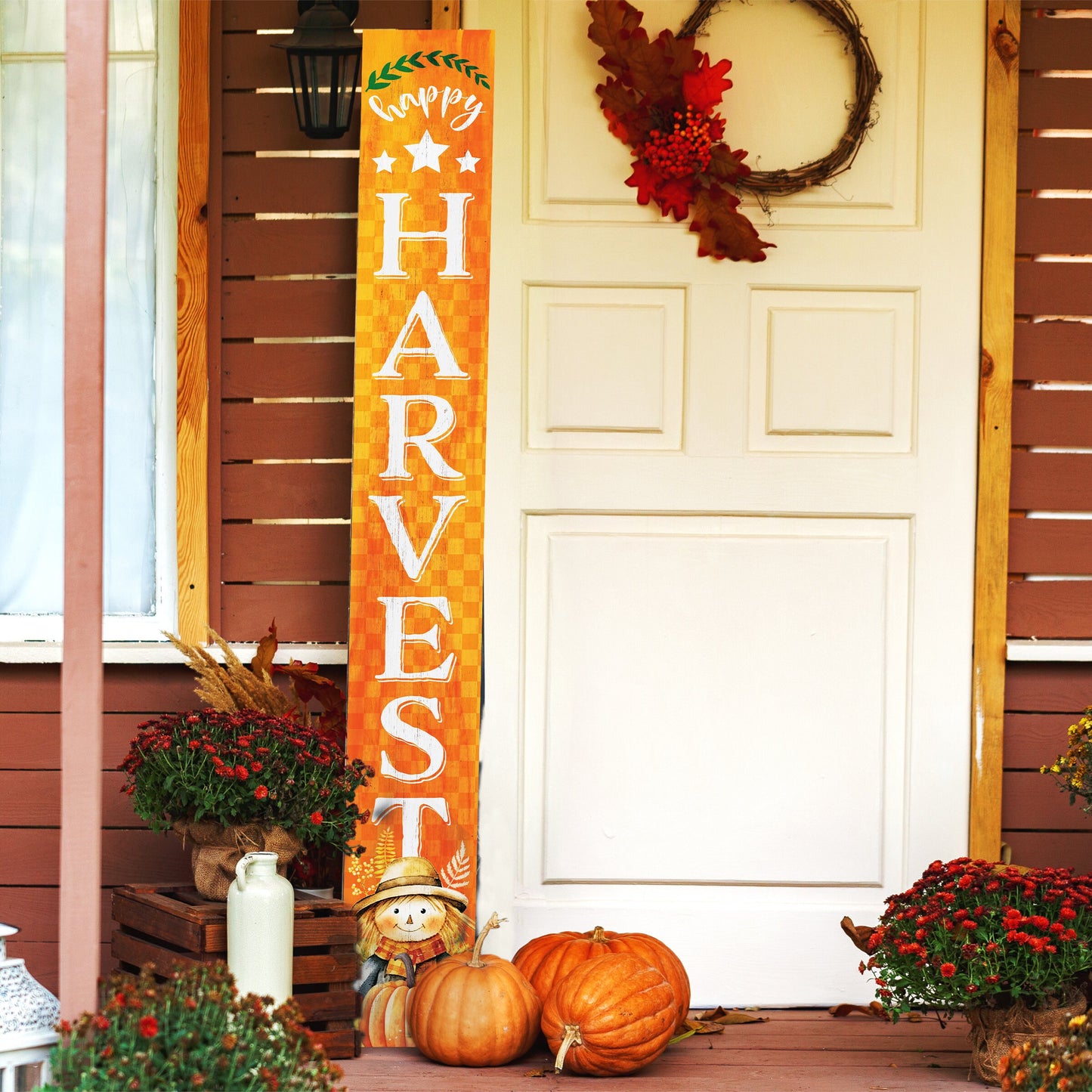72In "Happy Harvest" Fall Porch Sign With Scarecrow Design - Porch Decor For Front Door During Autumn And Thanksgiving Celebrations