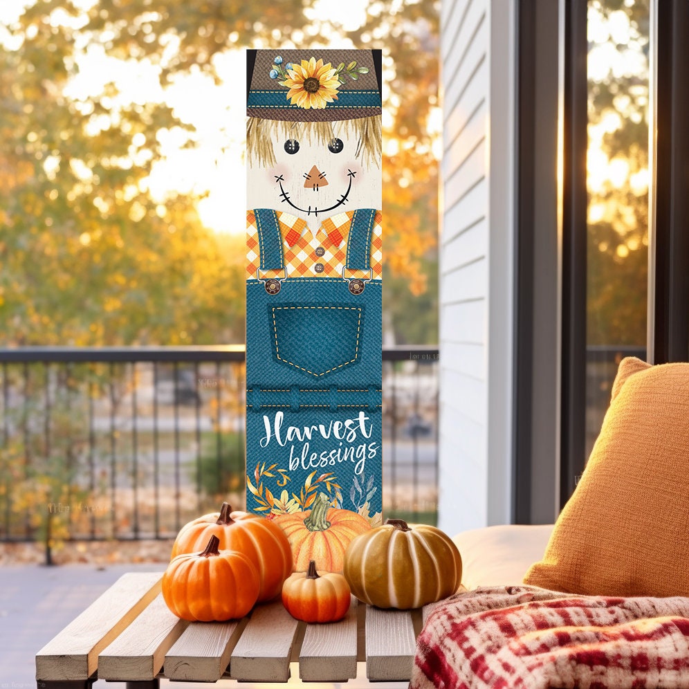 36in Harvest Blessings Scarecrow Outdoor Porch Sign - Fall Porch Leaner, Scarecrow Porch Decor, Fall Sign