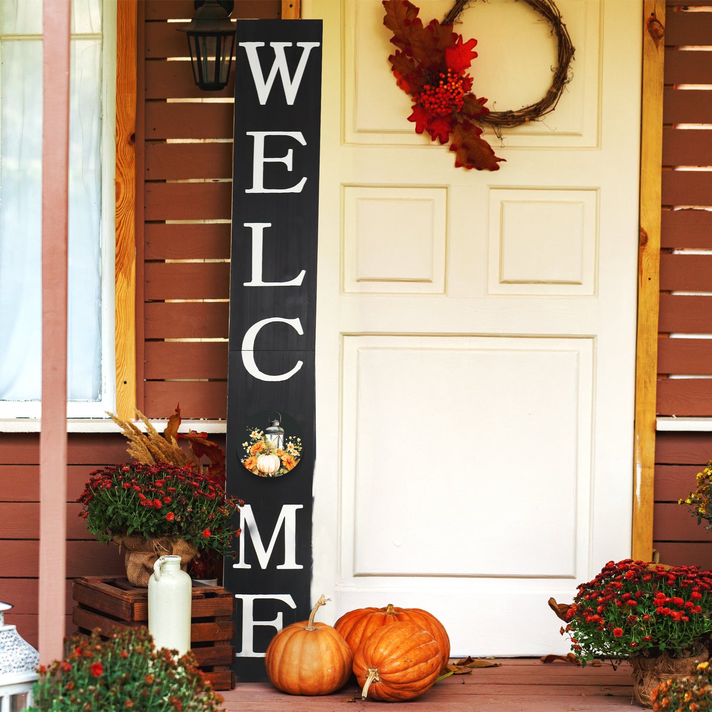 72in "Welcome" Fall Porch Sign with Lantern Design - Black Porch Board Decor for Front Door during Autumn and Thanksgiving Celebrations