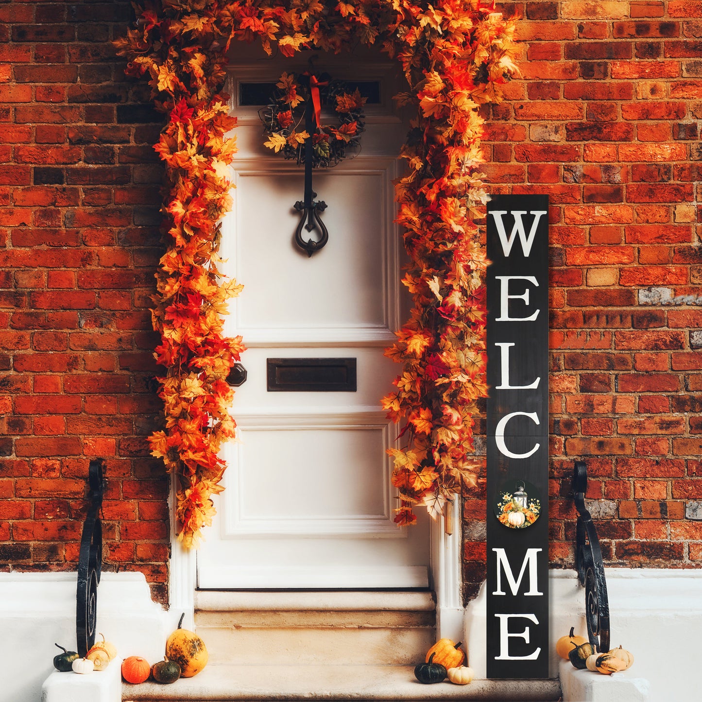 72in "Welcome" Fall Porch Sign with Lantern Design - Black Porch Board Decor for Front Door during Autumn and Thanksgiving Celebrations