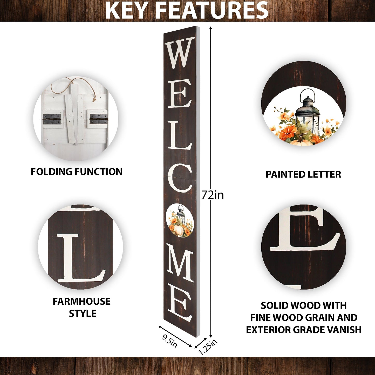 72in "Welcome" Fall Porch Sign with Lantern Design - Brown Porch Board Decor for Front Door during Autumn and Thanksgiving Celebrations