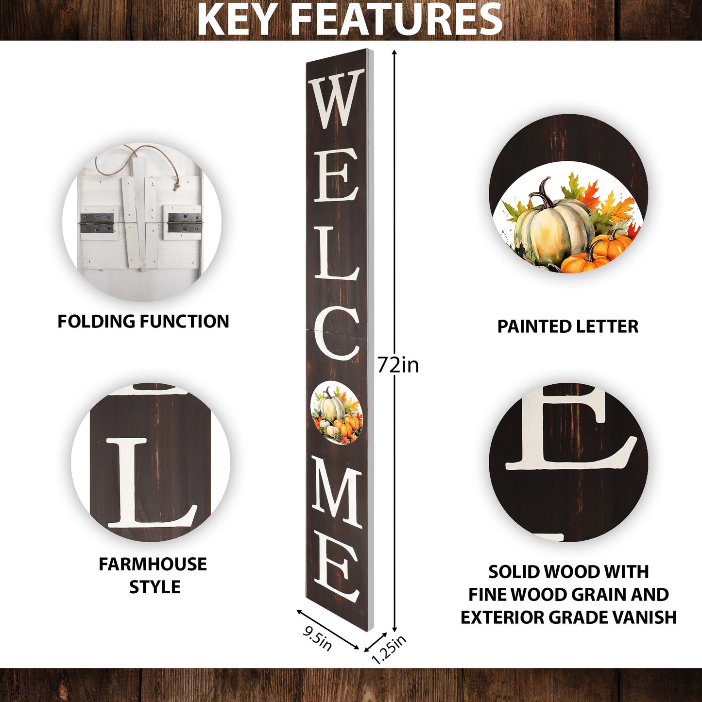 72in "Welcome" Fall Porch Sign with Pumpkins Design - Brown Porch Board Decor for Front Door during Autumn and Thanksgiving Celebrations