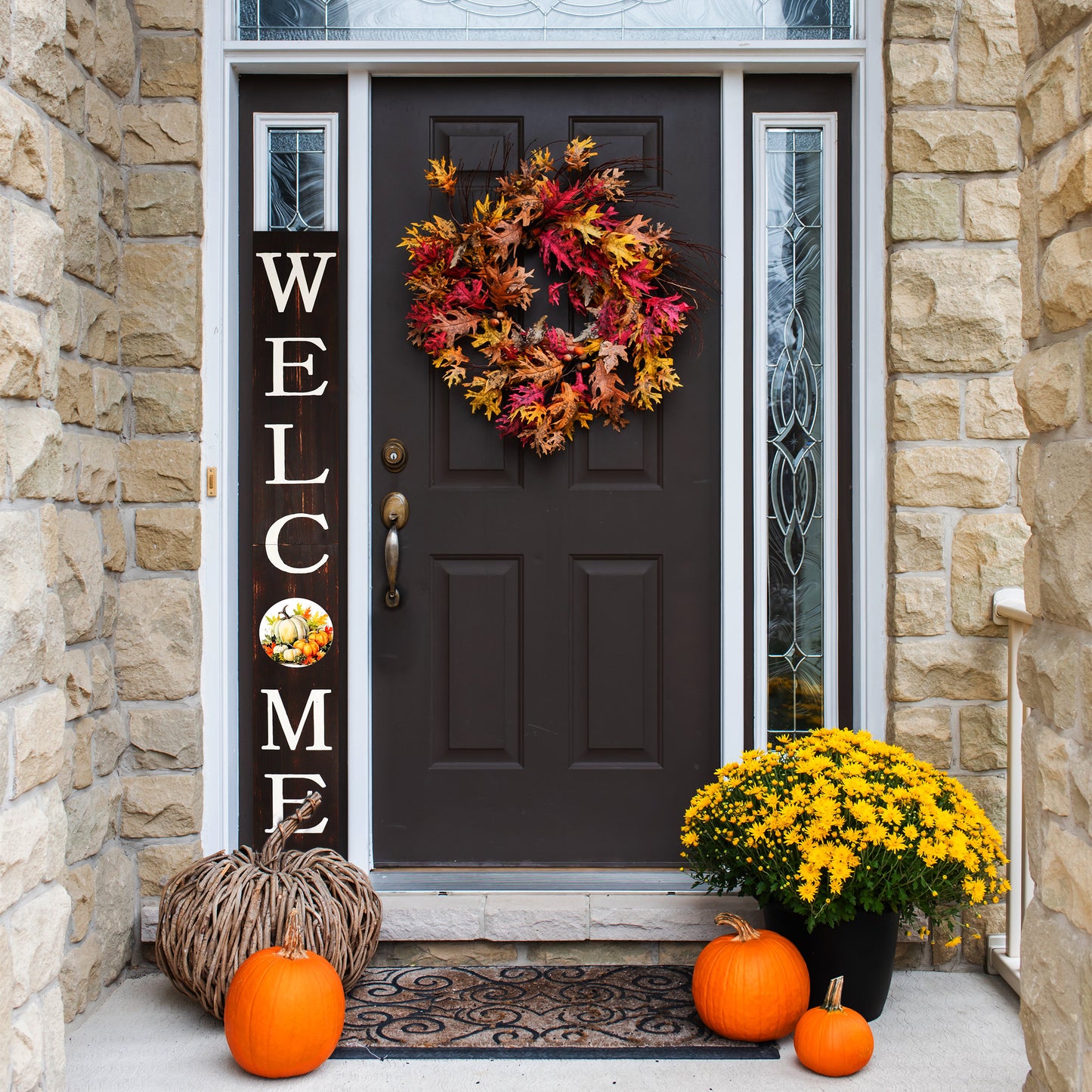 72in "Welcome" Fall Porch Sign with Pumpkins Design - Brown Porch Board Decor for Front Door during Autumn and Thanksgiving Celebrations