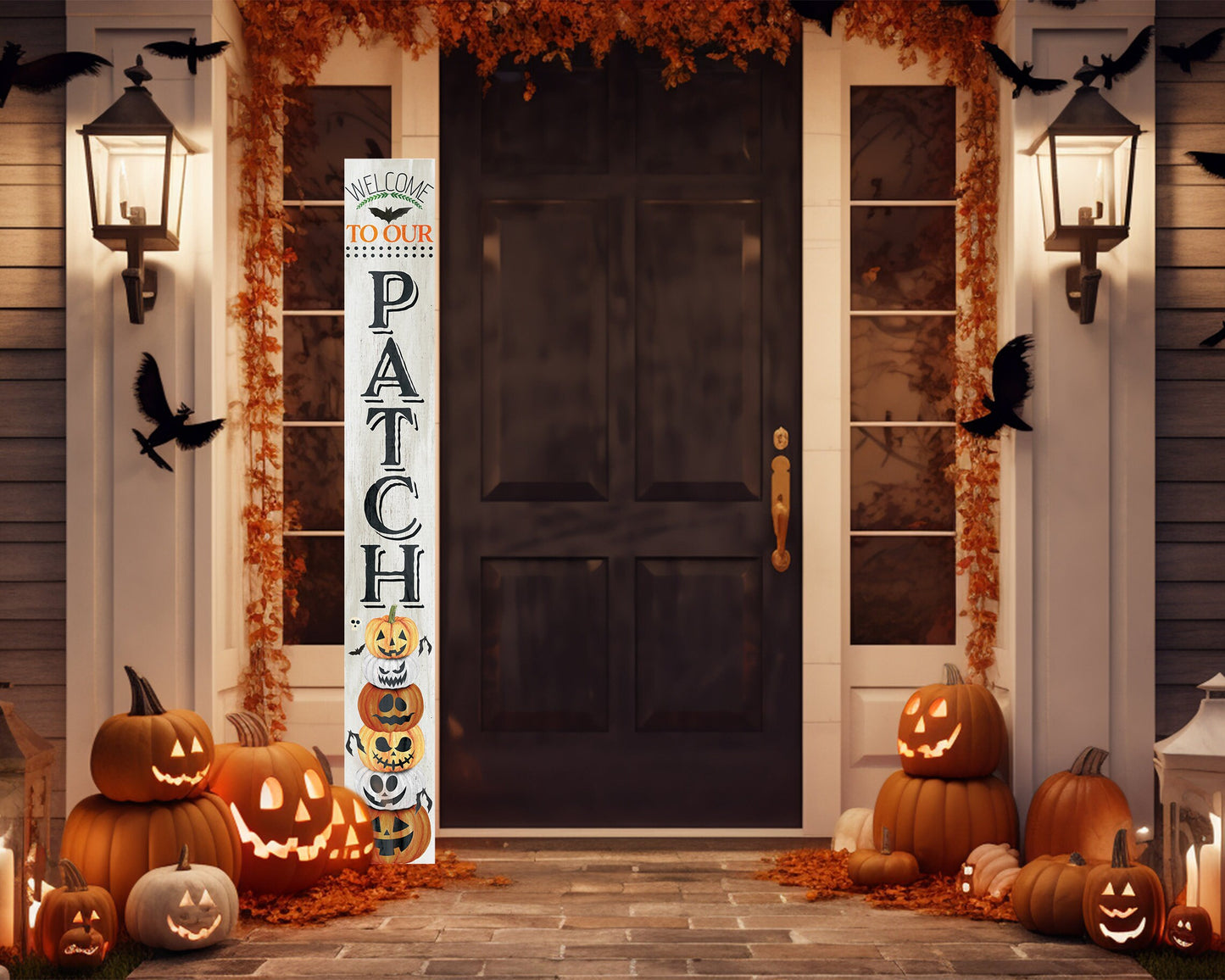 72in Wooden "Welcome to Our Patch" Halloween Porch Sign - Spooky and Charming Front Door Decor for Halloween Celebrations