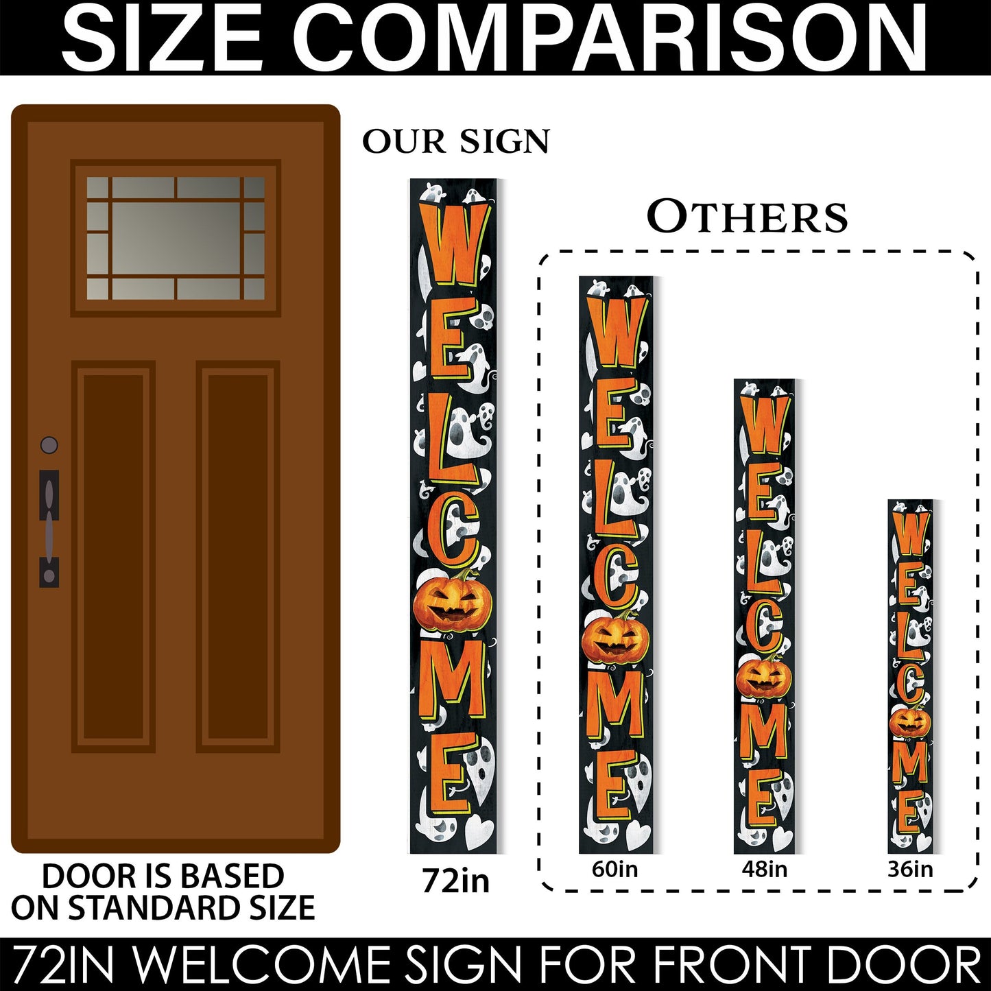 72-Inch Wooden Halloween Welcome Sign with Ghost Pattern and Jack O'Lantern - Spooky Front Door Decoration for Porch, Entryway