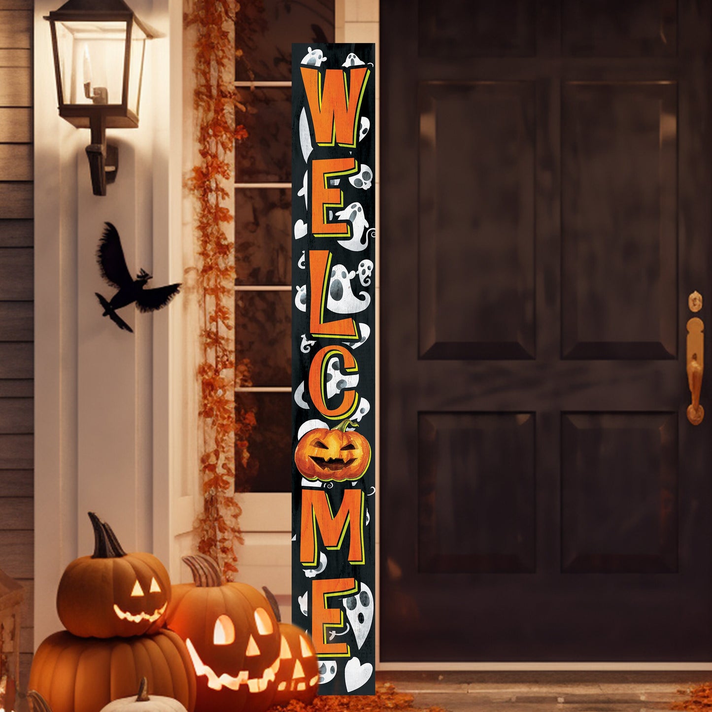 72-Inch Wooden Halloween Welcome Sign with Ghost Pattern and Jack O'Lantern - Spooky Front Door Decoration for Porch, Entryway