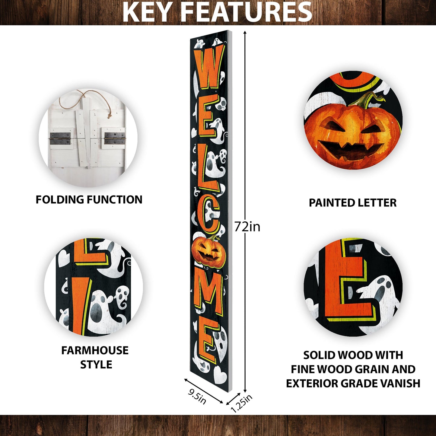 72-Inch Wooden Halloween Welcome Sign with Ghost Pattern and Jack O'Lantern - Spooky Front Door Decoration for Porch, Entryway