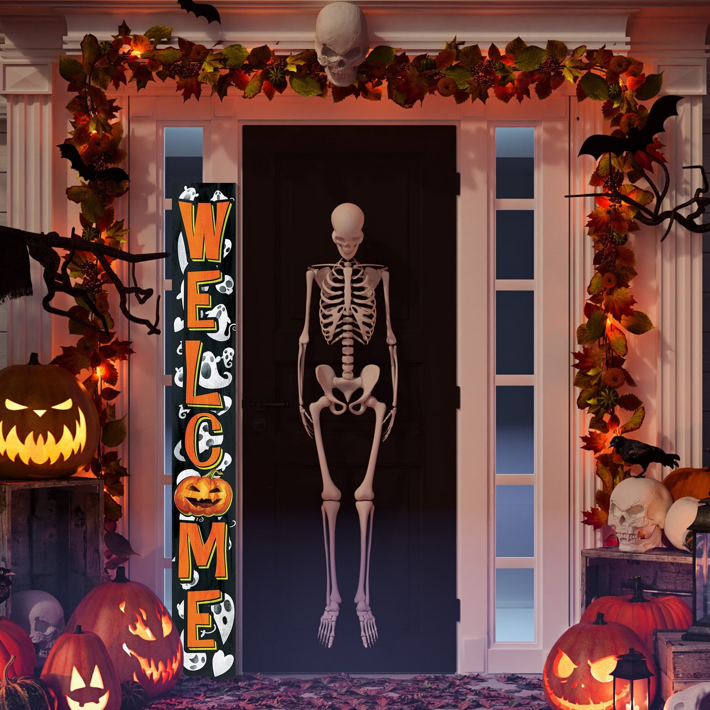 72-Inch Wooden Halloween Welcome Sign with Ghost Pattern and Jack O'Lantern - Spooky Front Door Decoration for Porch, Entryway