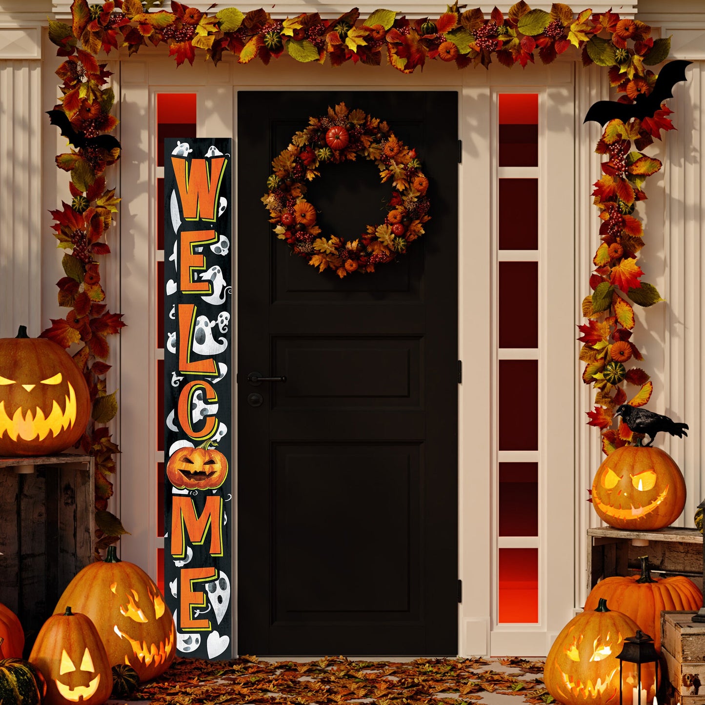 72-Inch Wooden Halloween Welcome Sign with Ghost Pattern and Jack O'Lantern - Spooky Front Door Decoration for Porch, Entryway