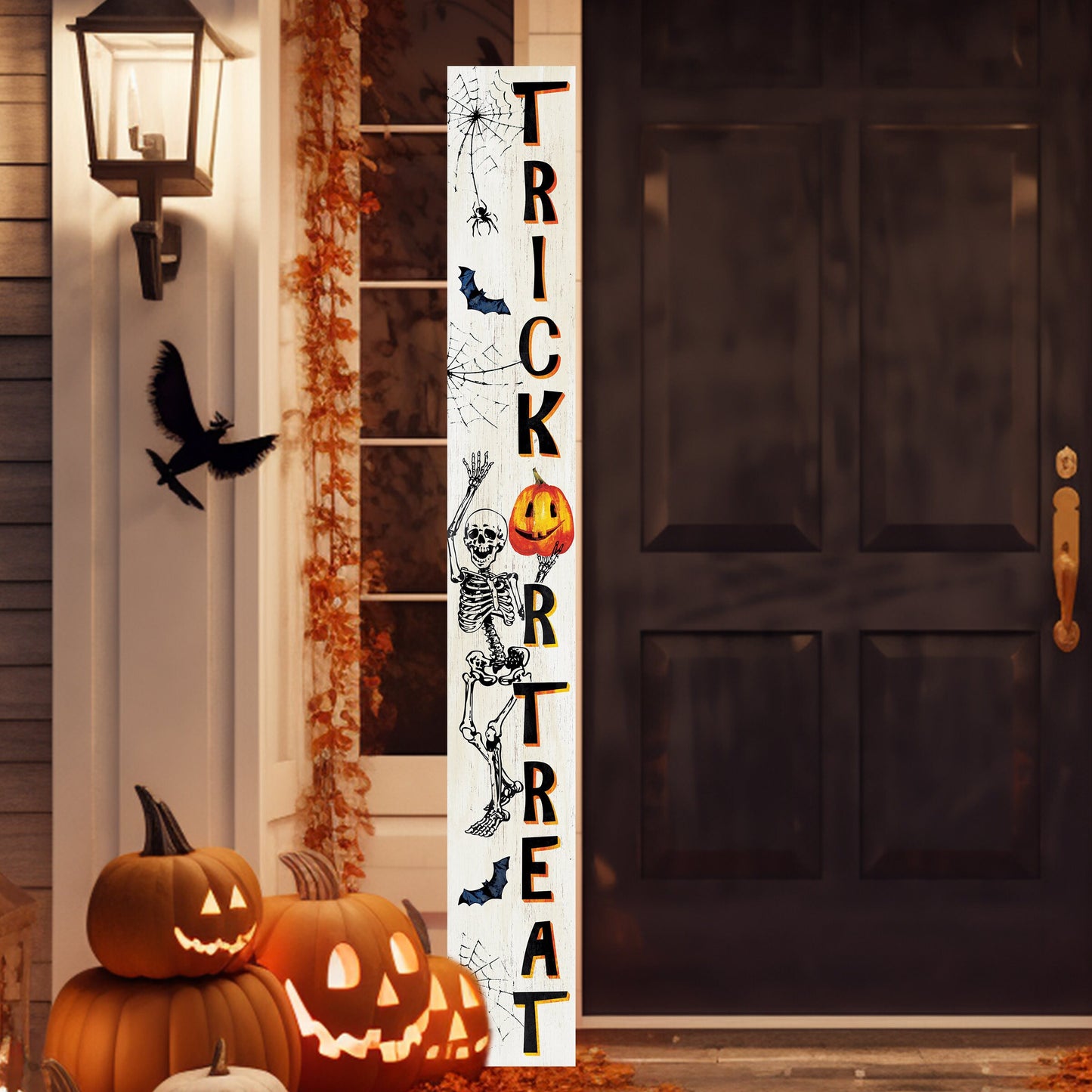 72-Inch Wooden "Trick or Treat" Skeleton Welcome Sign - Spooky Front Door Decoration Rustic Halloween Accessory for Porch, Entryway