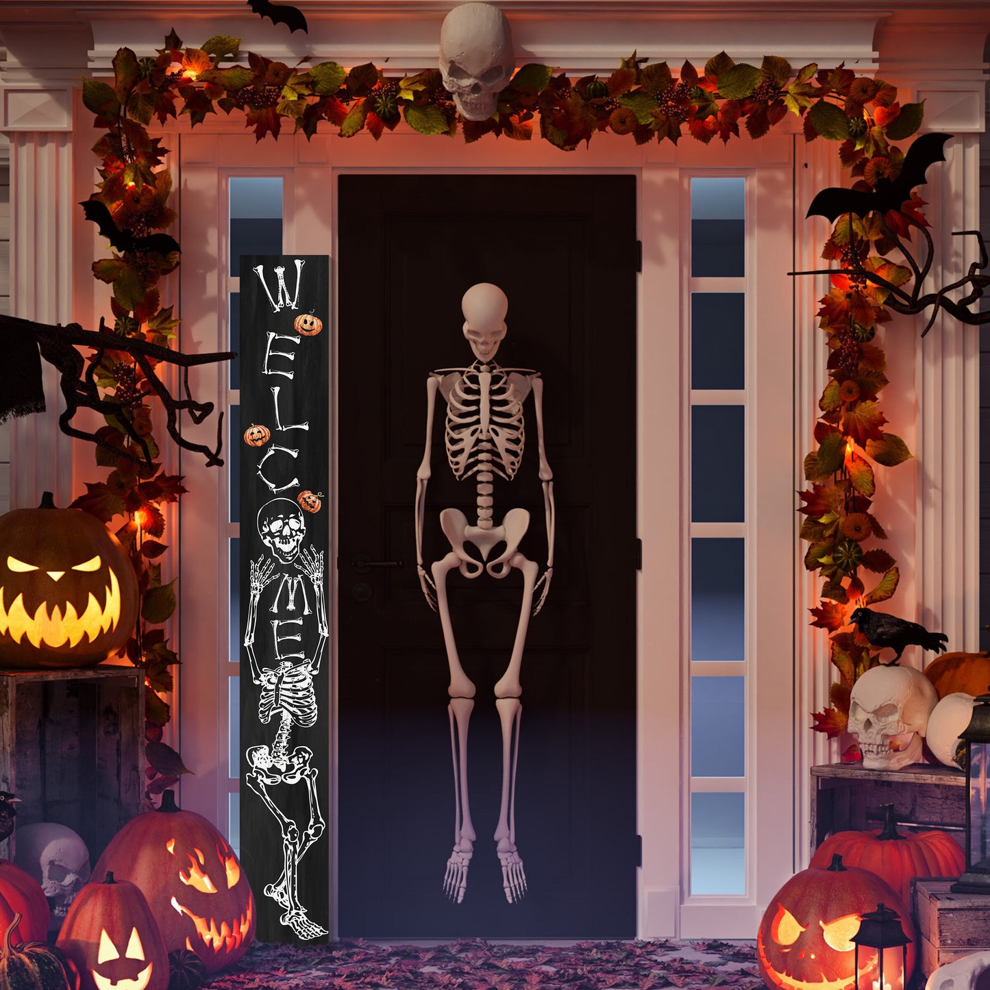 72in Wooden Halloween Skeleton Welcome Sign - Spooky Front Door Decor for Seasonal Celebrations