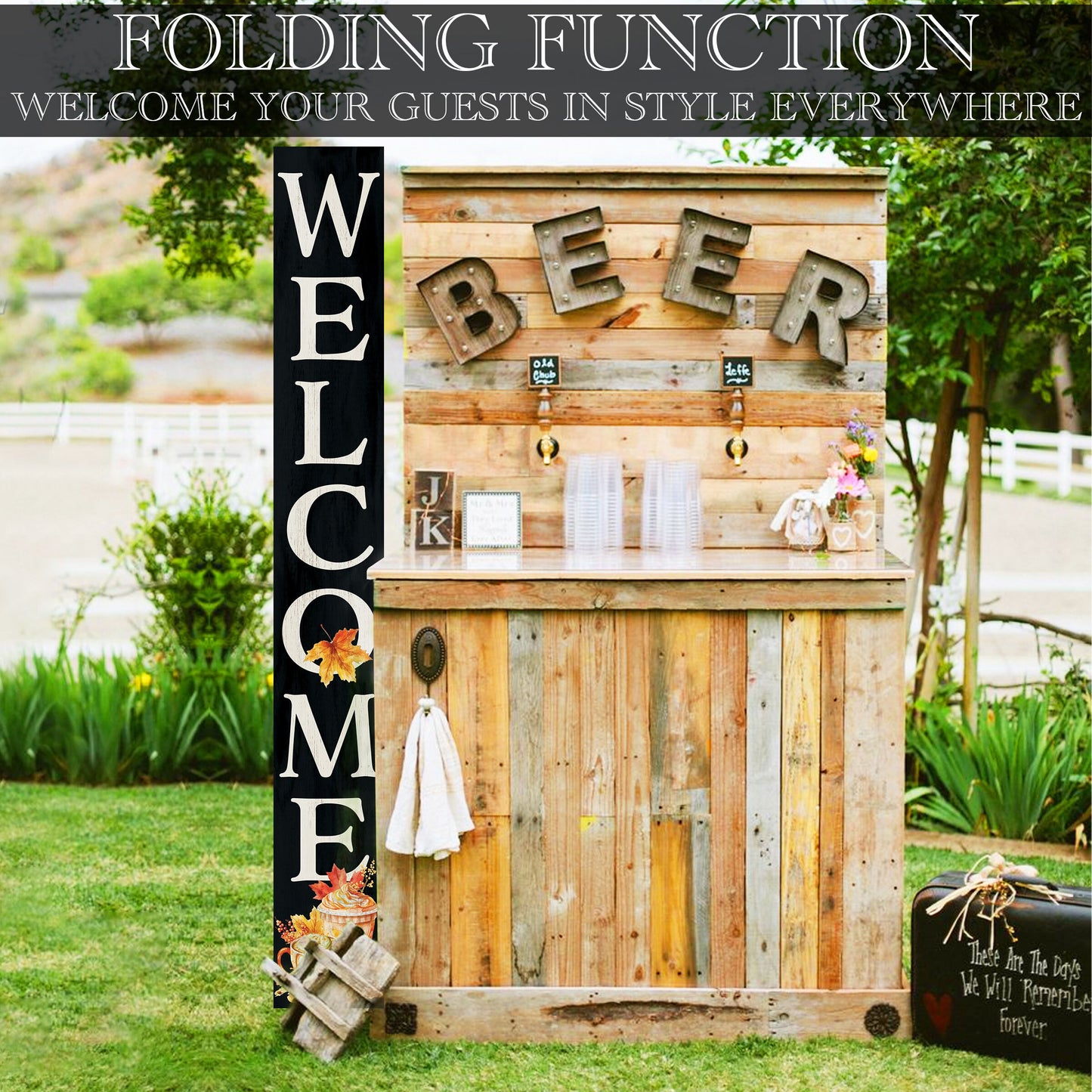 72in "Welcome" Fall Porch Sign with Fall Drink Design - Tall Porch Board Decor for Front Door during Autumn and Thanksgiving Celebrations