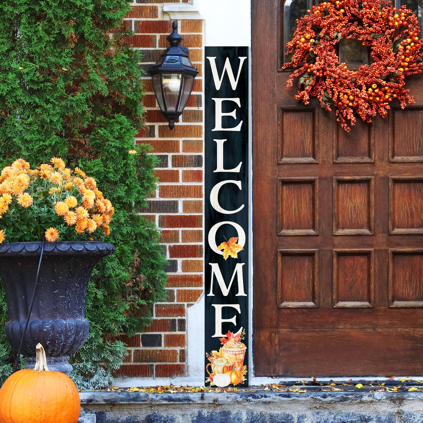 72in "Welcome" Fall Porch Sign with Fall Drink Design - Tall Porch Board Decor for Front Door during Autumn and Thanksgiving Celebrations