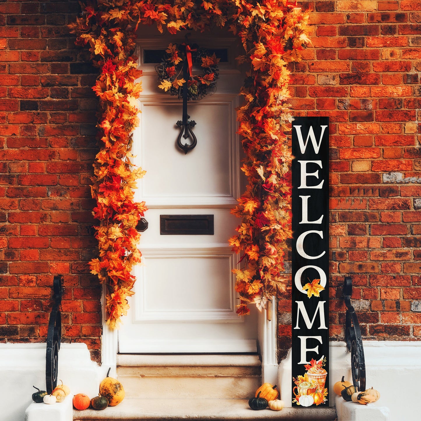 72in "Welcome" Fall Porch Sign with Fall Drink Design - Tall Porch Board Decor for Front Door during Autumn and Thanksgiving Celebrations