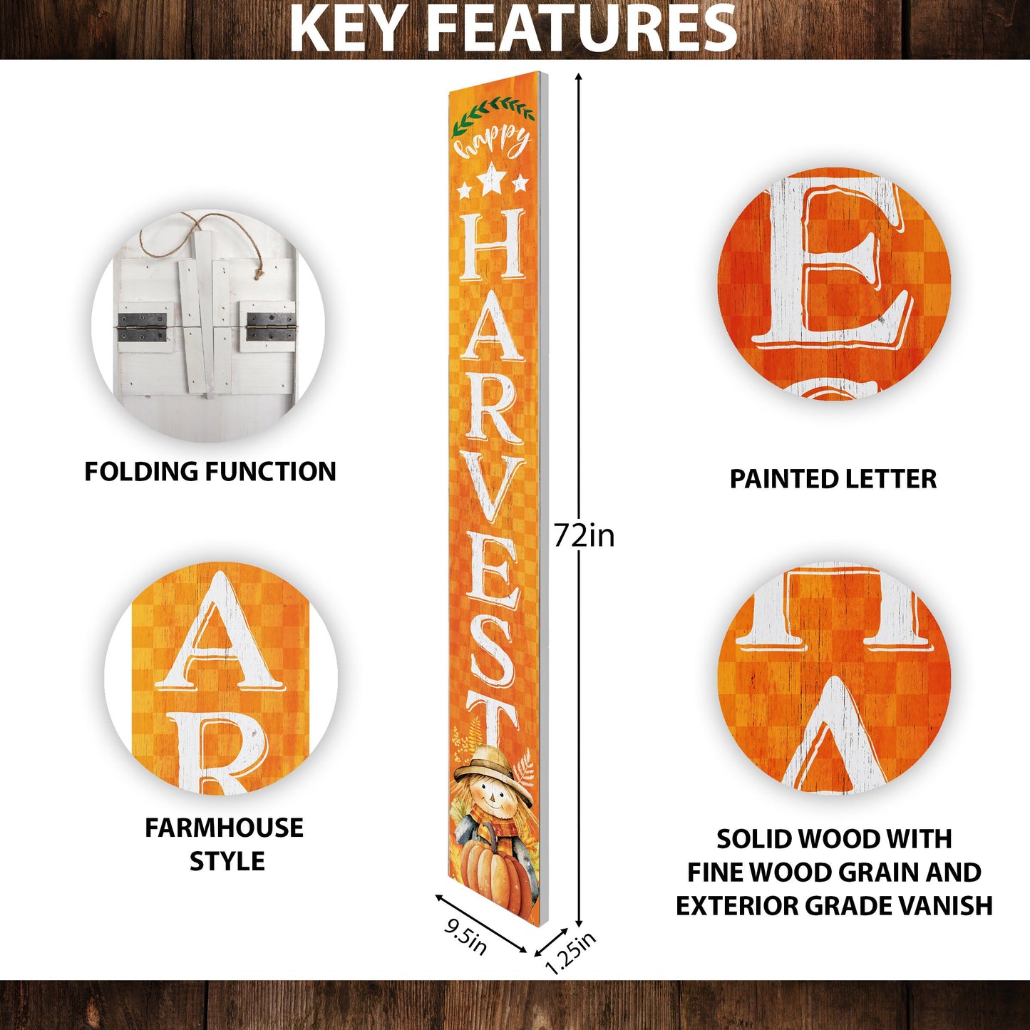 72In "Happy Harvest" Fall Porch Sign With Scarecrow Design - Porch Decor For Front Door During Autumn And Thanksgiving Celebrations