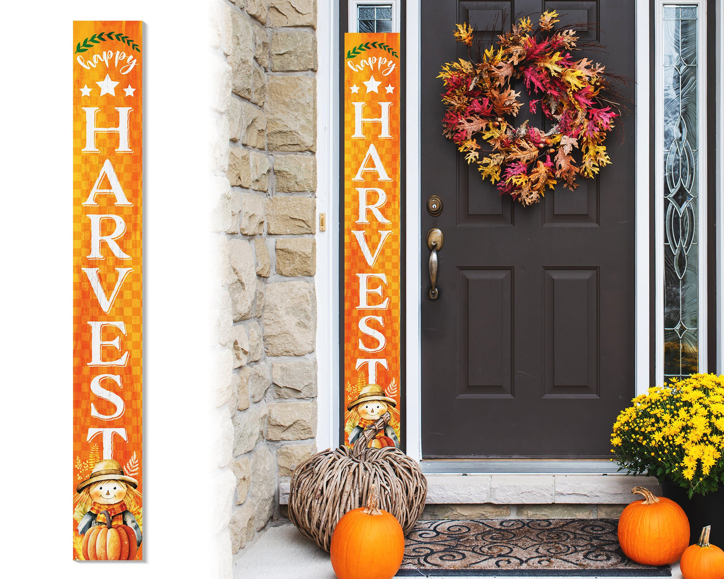 72In "Happy Harvest" Fall Porch Sign With Scarecrow Design - Porch Decor For Front Door During Autumn And Thanksgiving Celebrations