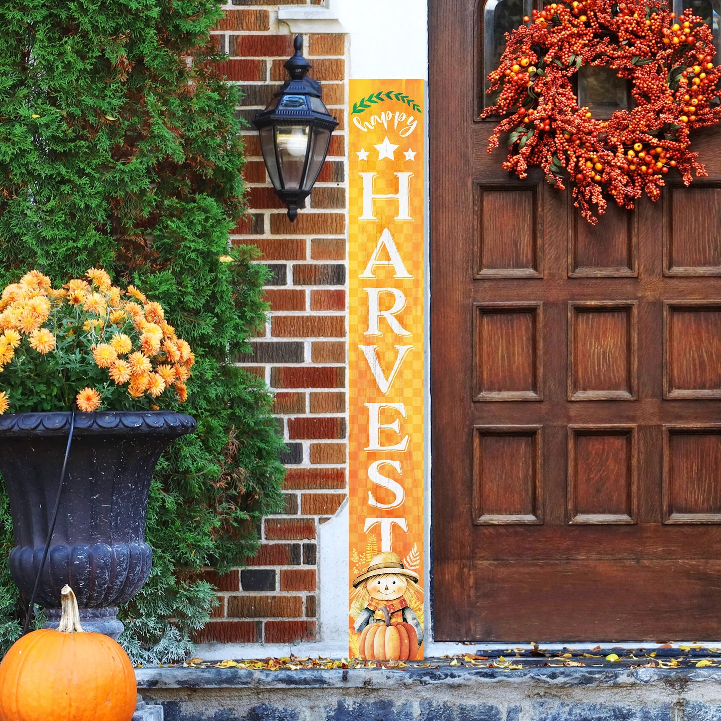 72In "Happy Harvest" Fall Porch Sign With Scarecrow Design - Porch Decor For Front Door During Autumn And Thanksgiving Celebrations