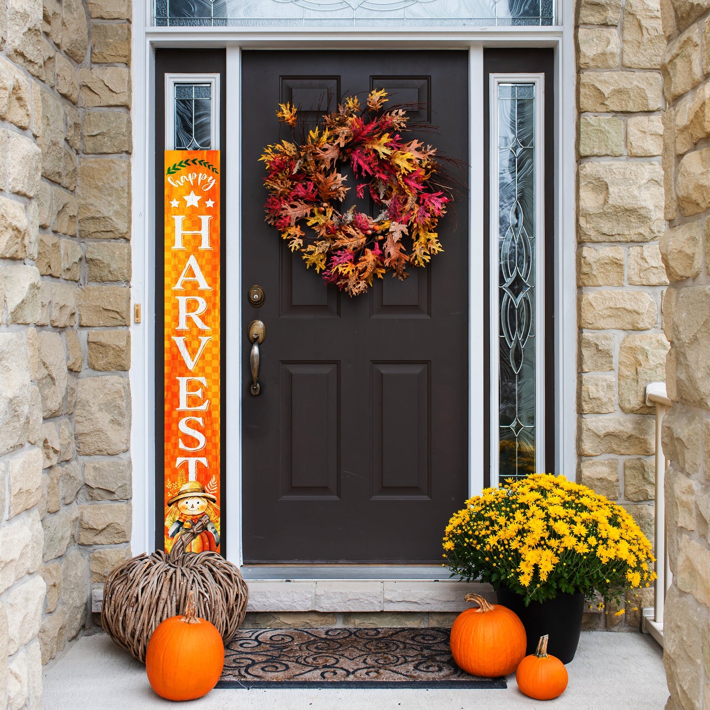 72In "Happy Harvest" Fall Porch Sign With Scarecrow Design - Porch Decor For Front Door During Autumn And Thanksgiving Celebrations