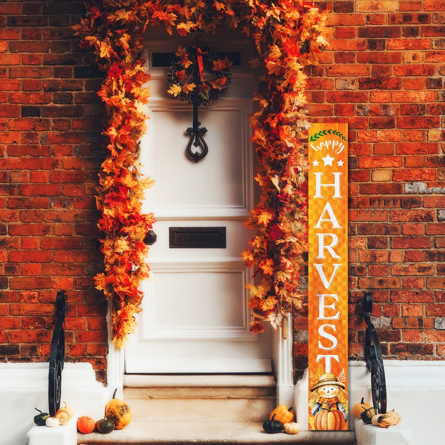 72In "Happy Harvest" Fall Porch Sign With Scarecrow Design - Porch Decor For Front Door During Autumn And Thanksgiving Celebrations