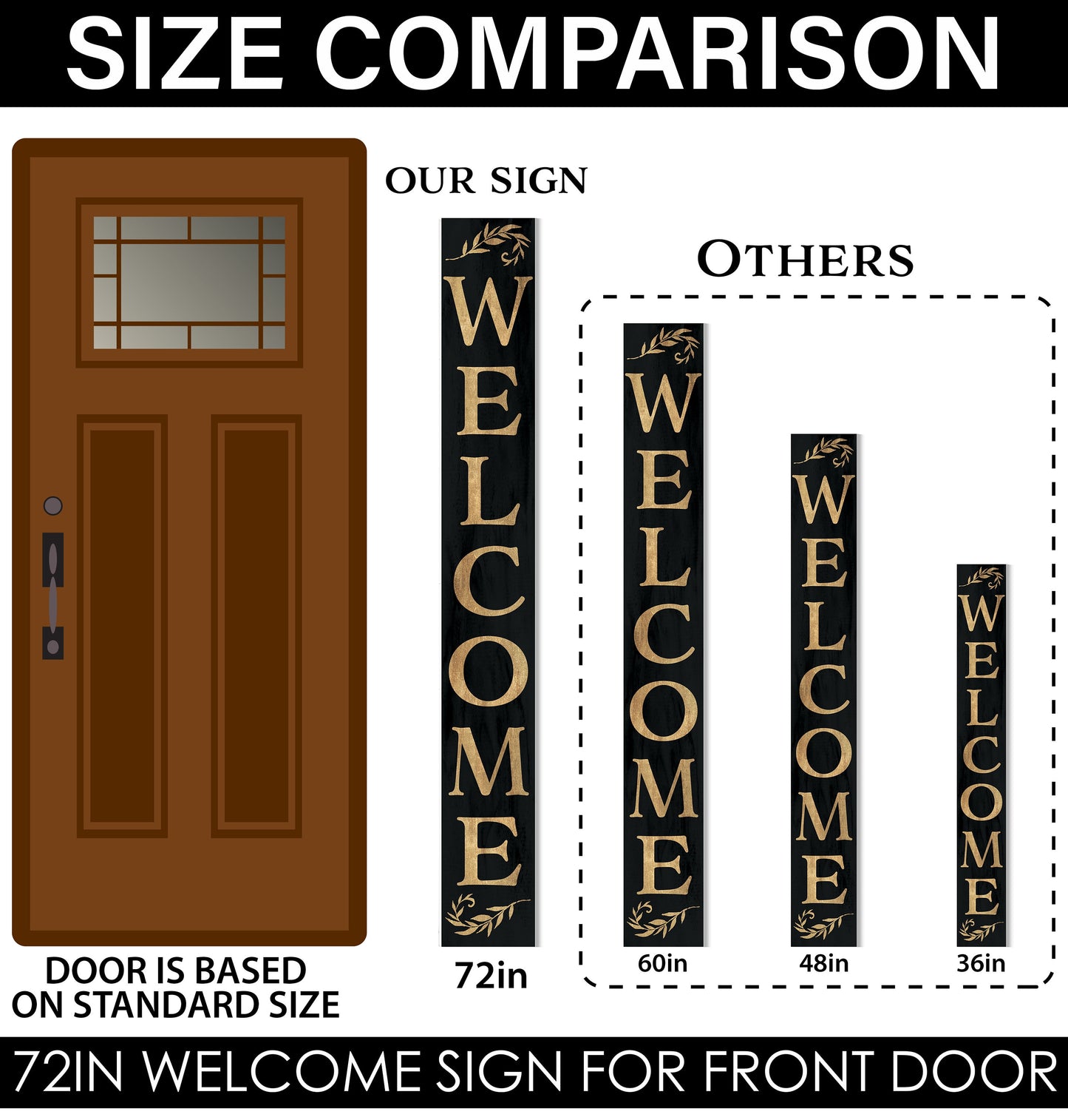 72in "Welcome" Porch Sign | Rustic Farmhouse Front Porch Decor | Black with Gold Font | Ideal for Entryway, Mantle, Living Room, Kitchen, Porch Decor