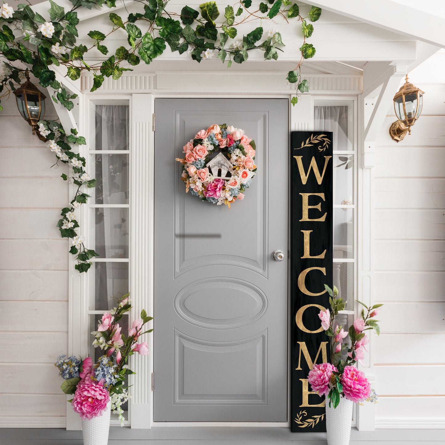 72in "Welcome" Porch Sign | Rustic Farmhouse Front Porch Decor | Black with Gold Font | Ideal for Entryway, Mantle, Living Room, Kitchen, Porch Decor