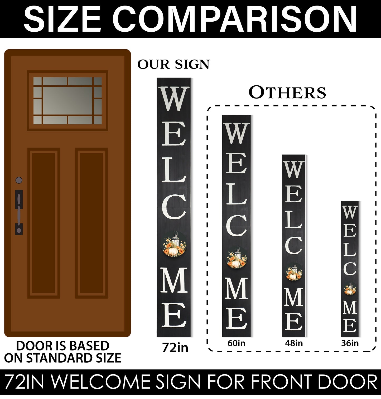 72in "Welcome" Fall Porch Sign with Lantern Design - Black Porch Board Decor for Front Door during Autumn and Thanksgiving Celebrations