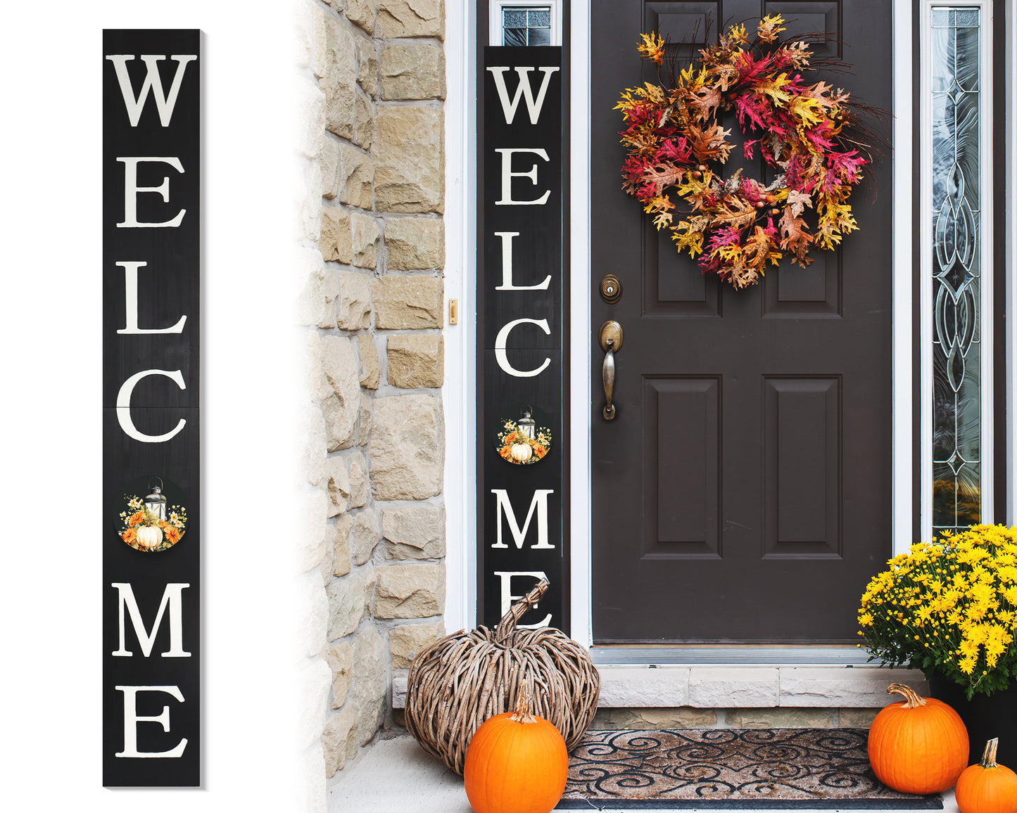 72in "Welcome" Fall Porch Sign with Lantern Design - Black Porch Board Decor for Front Door during Autumn and Thanksgiving Celebrations