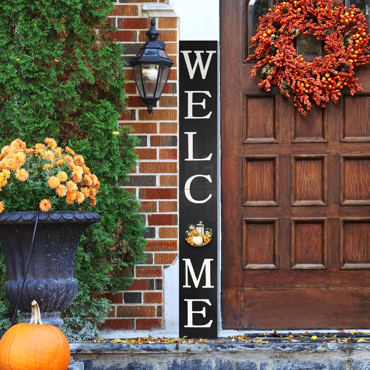 72in "Welcome" Fall Porch Sign with Lantern Design - Black Porch Board Decor for Front Door during Autumn and Thanksgiving Celebrations