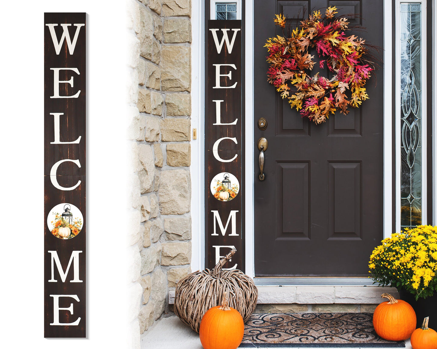 72in "Welcome" Fall Porch Sign with Lantern Design - Brown Porch Board Decor for Front Door during Autumn and Thanksgiving Celebrations