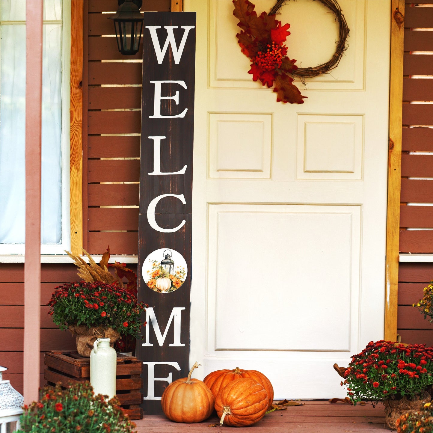 72in "Welcome" Fall Porch Sign with Lantern Design - Brown Porch Board Decor for Front Door during Autumn and Thanksgiving Celebrations