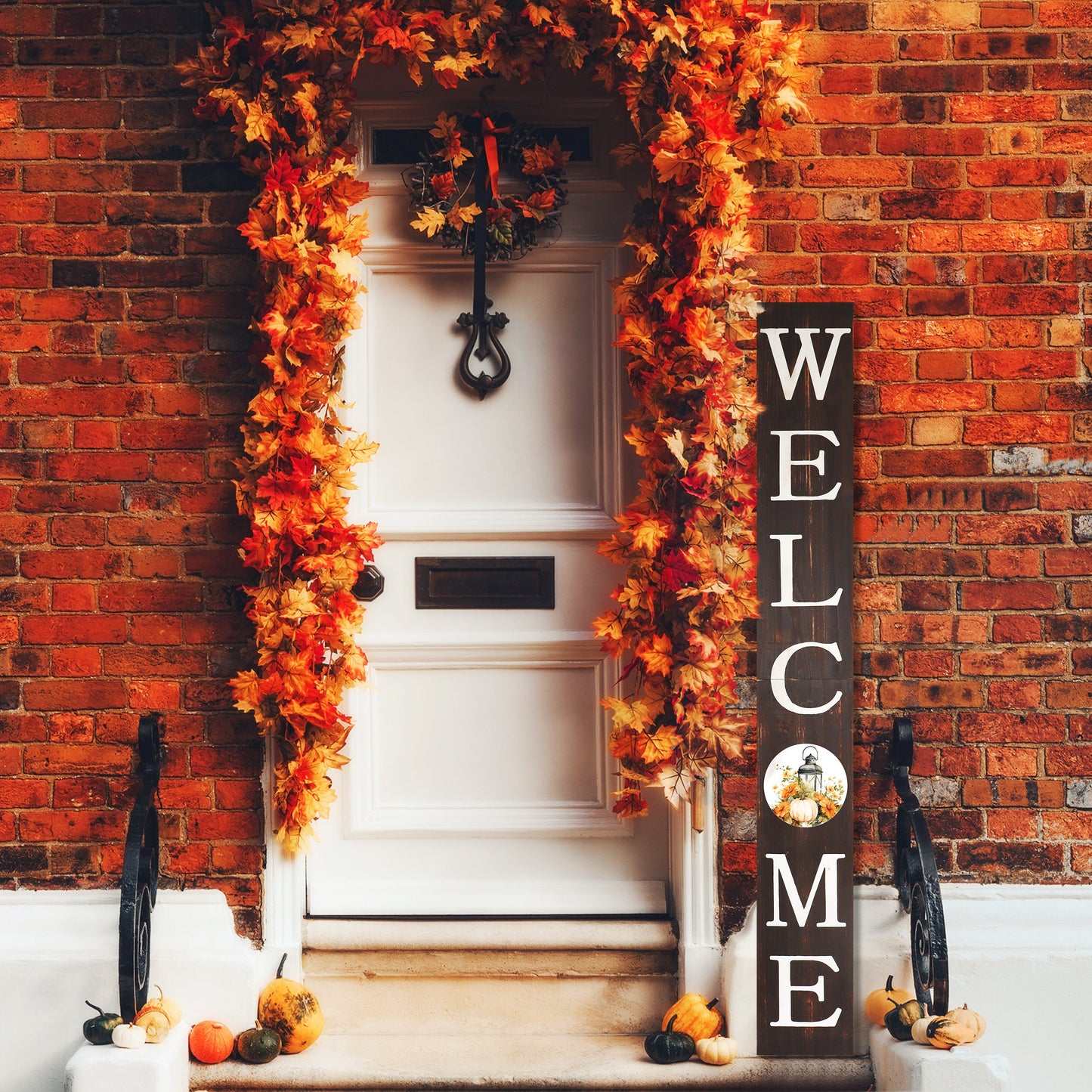 72in "Welcome" Fall Porch Sign with Lantern Design - Brown Porch Board Decor for Front Door during Autumn and Thanksgiving Celebrations