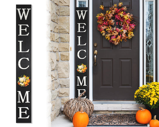 72in "Welcome" Fall Porch Sign with Pumpkins Design - Black Porch Board Decor for Front Door during Autumn and Thanksgiving Celebrations