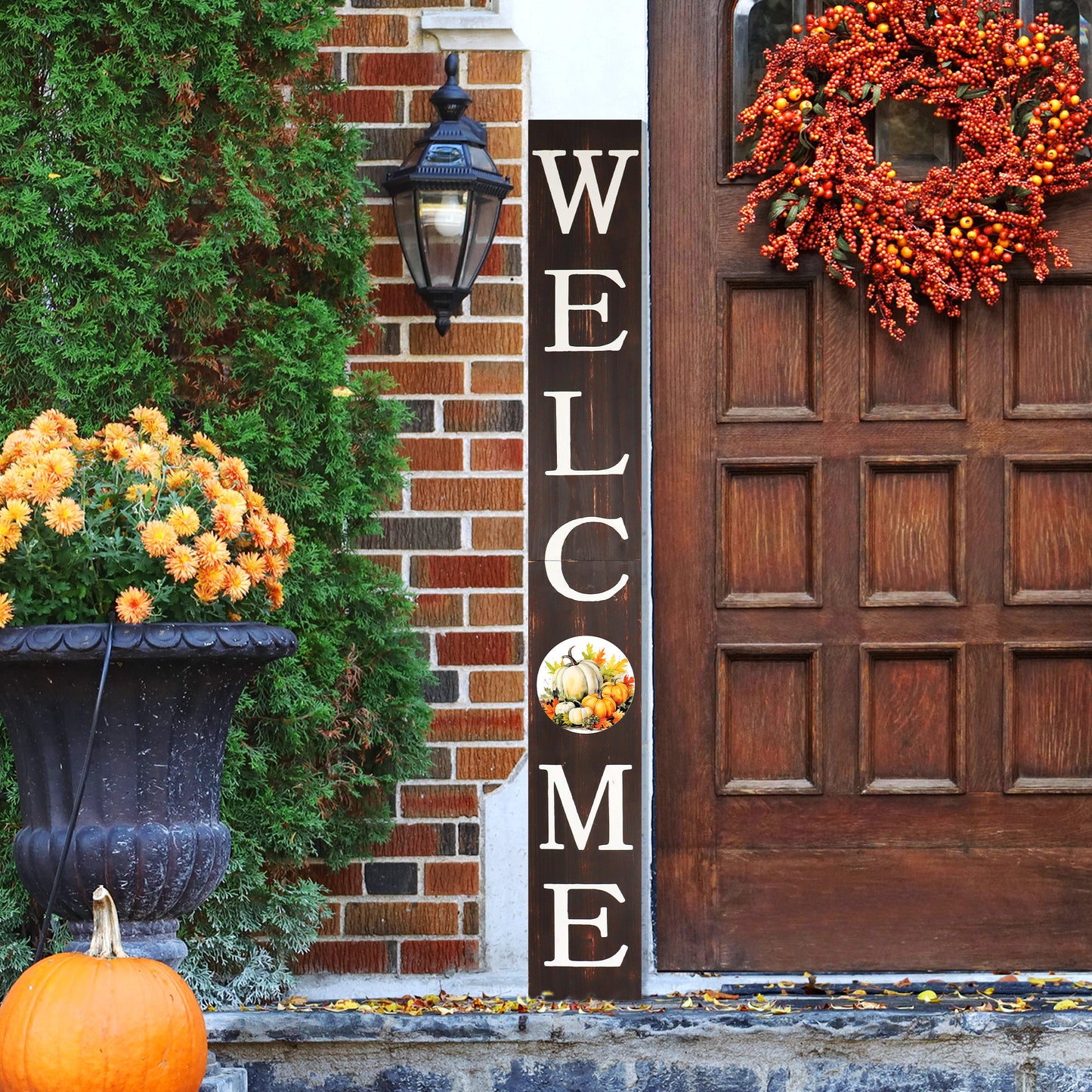 72in "Welcome" Fall Porch Sign with Pumpkins Design - Brown Porch Board Decor for Front Door during Autumn and Thanksgiving Celebrations
