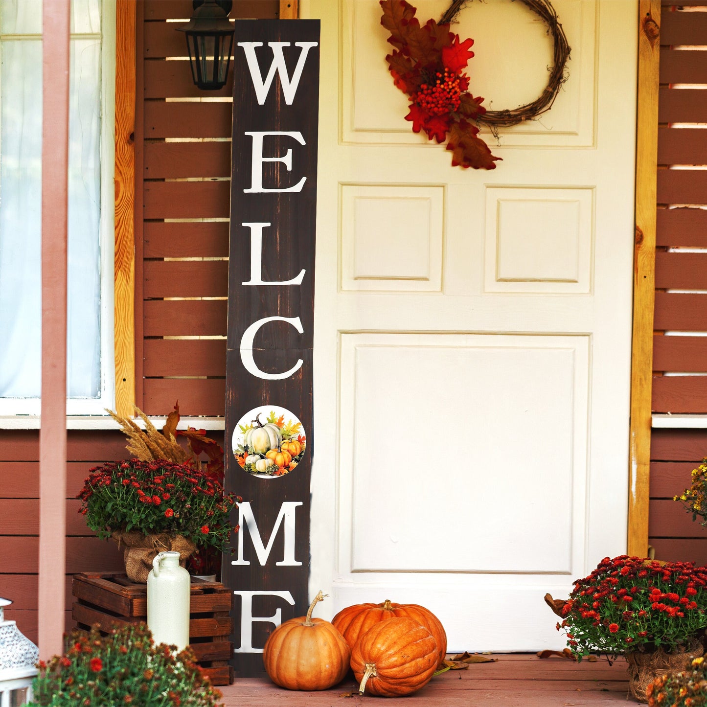 72in "Welcome" Fall Porch Sign with Pumpkins Design - Brown Porch Board Decor for Front Door during Autumn and Thanksgiving Celebrations