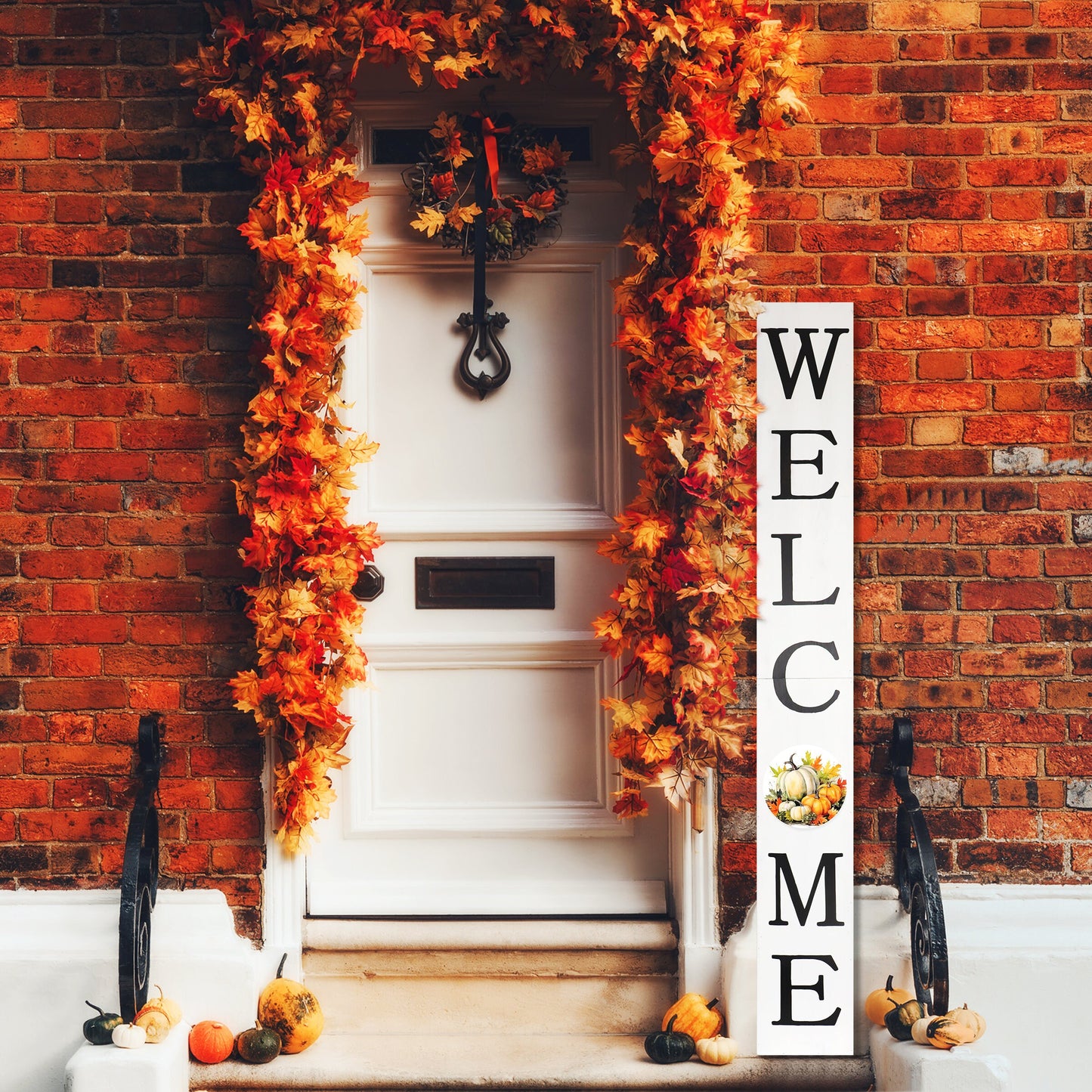 72in "Welcome" Fall Porch Sign with Pumpkins Design - Tall Porch Board Decor for Front Door during Autumn and Thanksgiving Celebrations