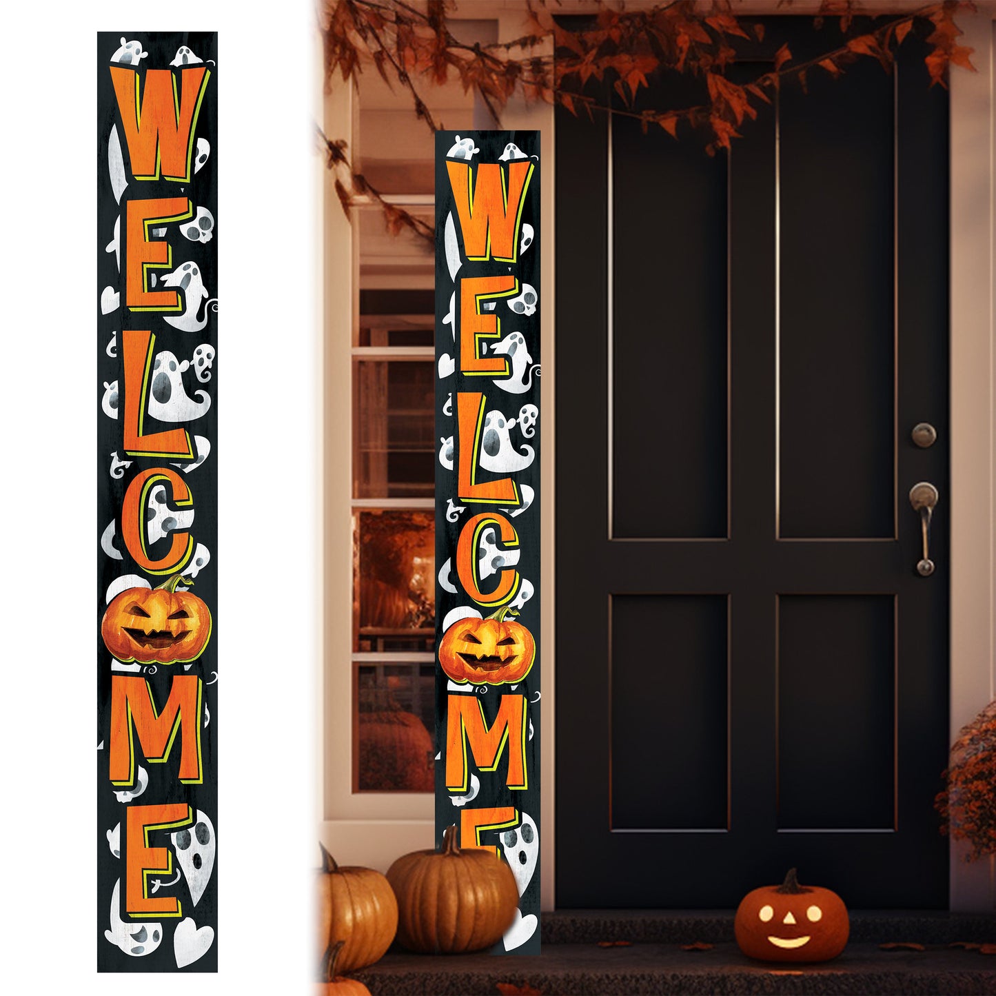 72-Inch Wooden Halloween Welcome Sign with Ghost Pattern and Jack O'Lantern - Spooky Front Door Decoration for Porch, Entryway